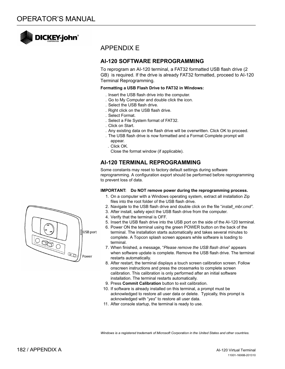 Operator’s manual, Appendix e, Ai-120 software reprogramming | Ai-120 terminal reprogramming | Great Plains DICKEY-john AI-120 12-inch Virtual Terminal User Manual | Page 190 / 193