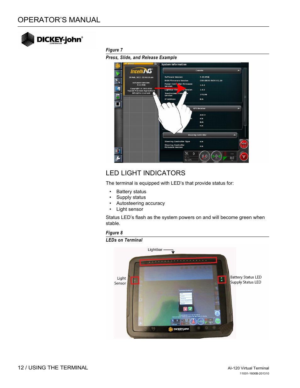 Operator’s manual, Led light indicators | Great Plains DICKEY-john AI-120 12-inch Virtual Terminal User Manual | Page 20 / 193