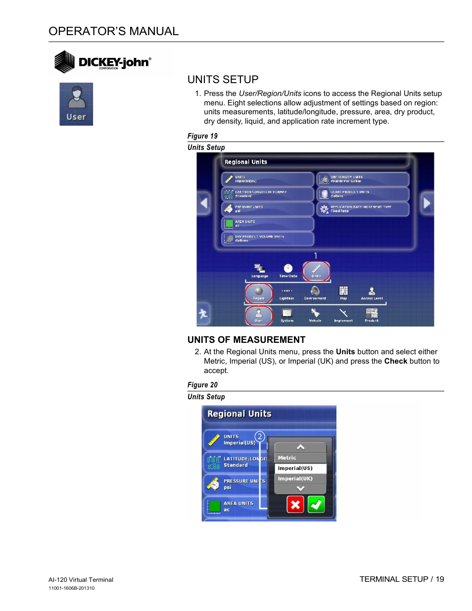 Operator’s manual, Units setup | Great Plains DICKEY-john AI-120 12-inch Virtual Terminal User Manual | Page 27 / 193