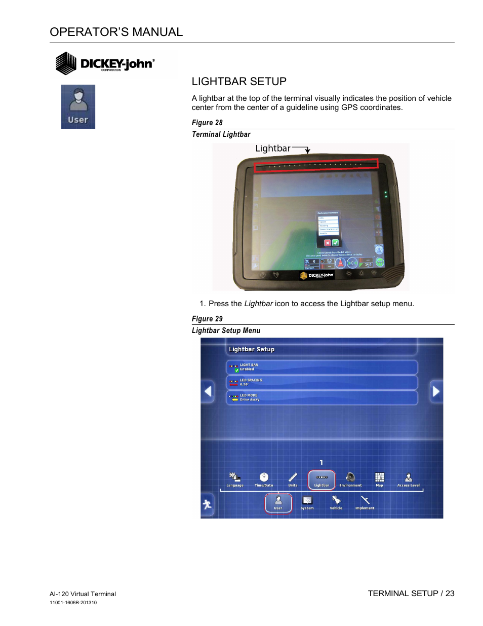 Operator’s manual, Lightbar setup | Great Plains DICKEY-john AI-120 12-inch Virtual Terminal User Manual | Page 31 / 193