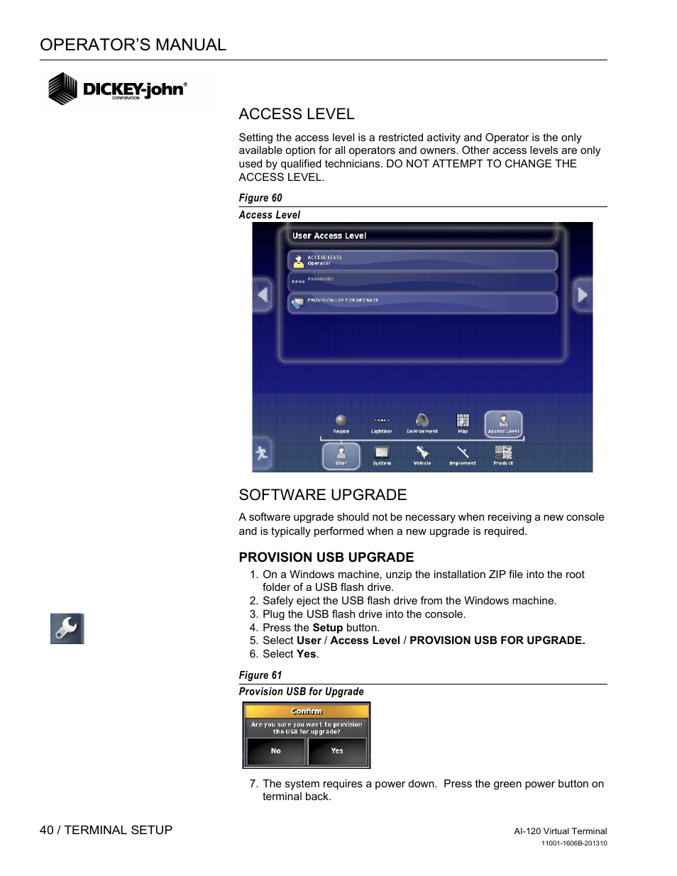 Operator’s manual, Access level, Software upgrade | Great Plains DICKEY-john AI-120 12-inch Virtual Terminal User Manual | Page 48 / 193