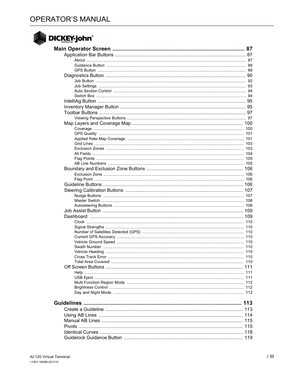 Operator’s manual | Great Plains DICKEY-john AI-120 12-inch Virtual Terminal User Manual | Page 5 / 193