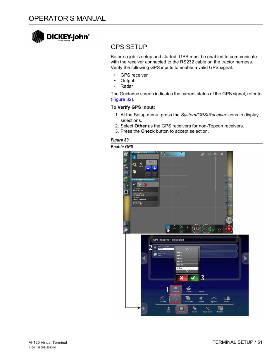 Operator’s manual, Gps setup | Great Plains DICKEY-john AI-120 12-inch Virtual Terminal User Manual | Page 59 / 193