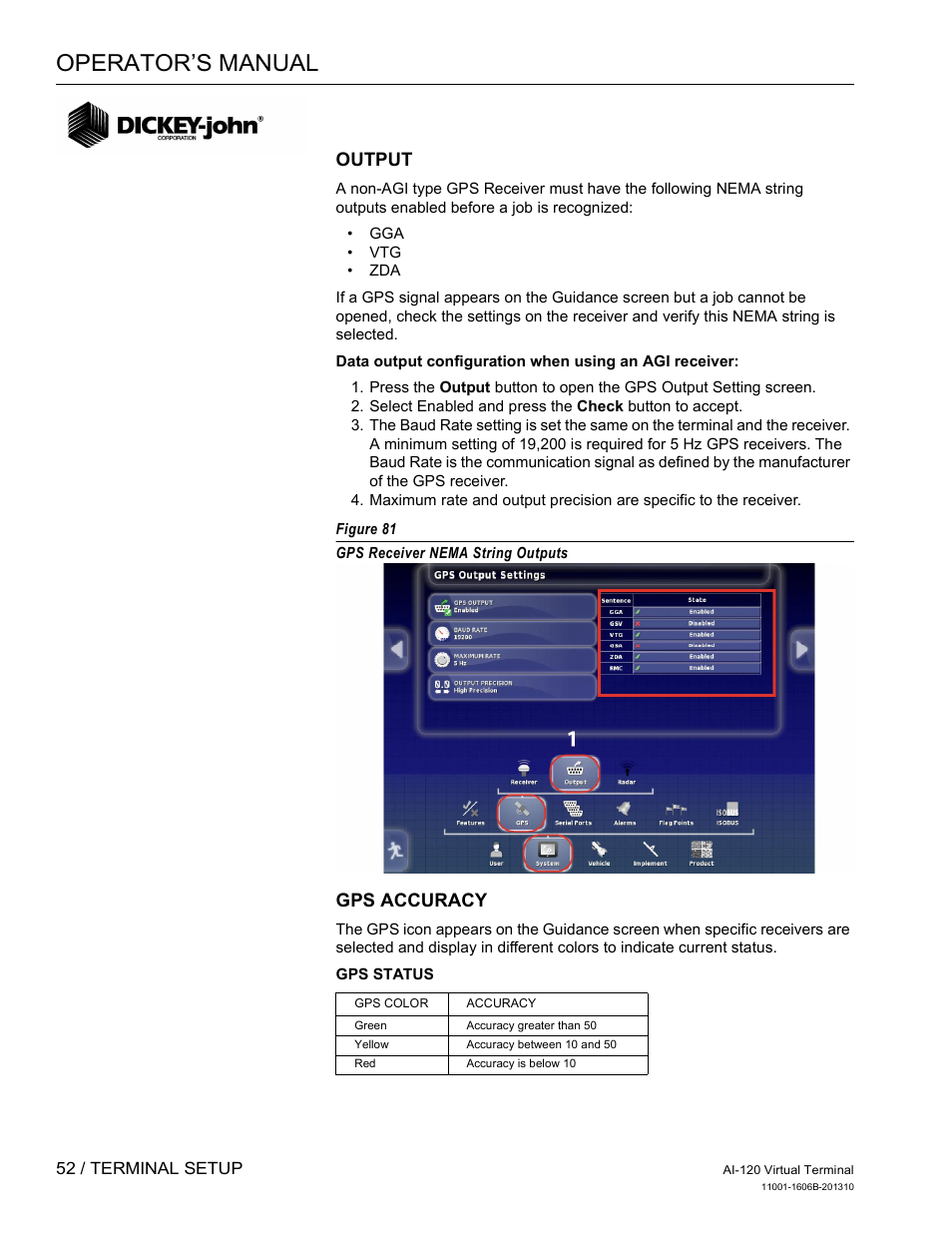 Operator’s manual, Output, Gps accuracy | Great Plains DICKEY-john AI-120 12-inch Virtual Terminal User Manual | Page 60 / 193