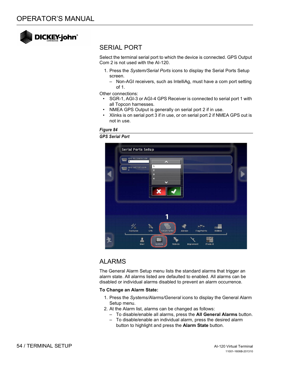 Operator’s manual, Serial port, Alarms | Great Plains DICKEY-john AI-120 12-inch Virtual Terminal User Manual | Page 62 / 193