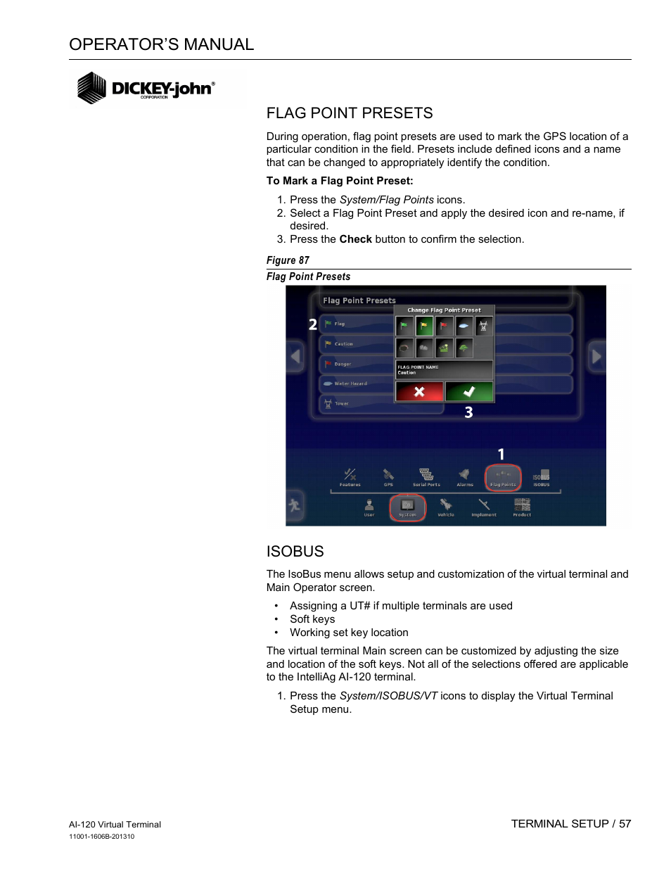 Operator’s manual, Flag point presets, Isobus | Great Plains DICKEY-john AI-120 12-inch Virtual Terminal User Manual | Page 65 / 193