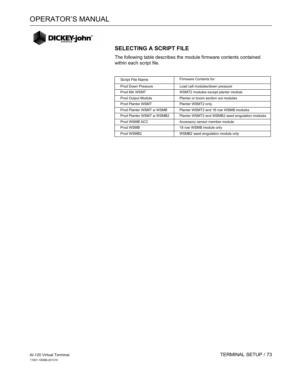 Operator’s manual, Selecting a script file | Great Plains DICKEY-john AI-120 12-inch Virtual Terminal User Manual | Page 81 / 193