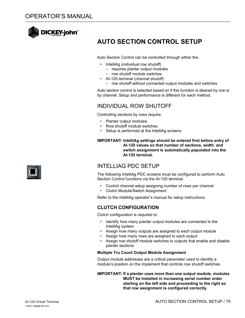 Operator’s manual, Individual row shutoff, Intelliag pdc setup | Great Plains DICKEY-john AI-120 12-inch Virtual Terminal User Manual | Page 83 / 193