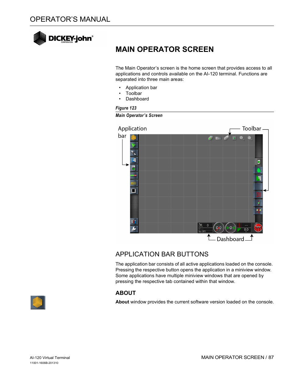 Main operator screen, Operator’s manual, Application bar buttons | Great Plains DICKEY-john AI-120 12-inch Virtual Terminal User Manual | Page 95 / 193