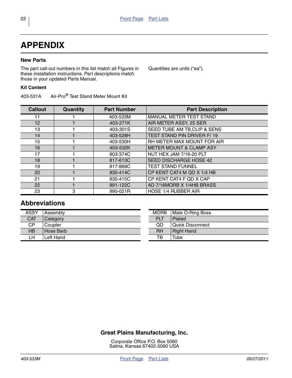 Appendix, Part lists, Ange 11 to 23 ref | Hose, Abbreviations | Great Plains Air-Pro Meter Ultra Test Stand Kit User Manual | Page 22 / 22