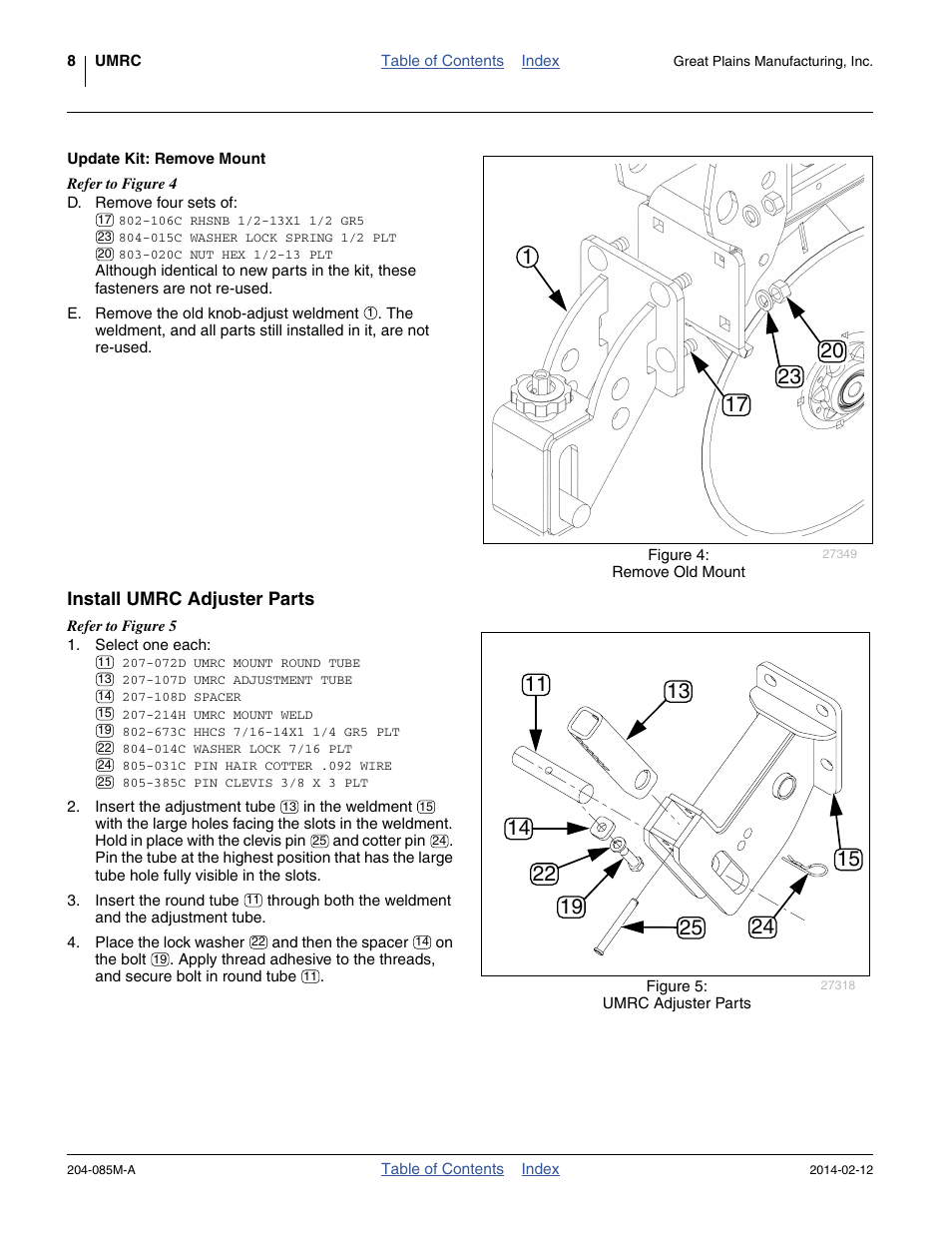 Update kit: remove mount, Install umrc adjuster parts | Great Plains 207-216K Operator Manual User Manual | Page 12 / 46