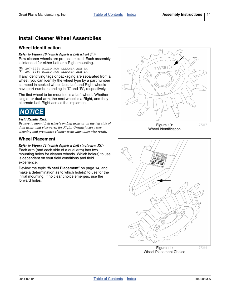 Install cleaner wheel assemblies, Wheel identification, Wheel placement | Wheel identification wheel placement | Great Plains 207-216K Operator Manual User Manual | Page 15 / 46