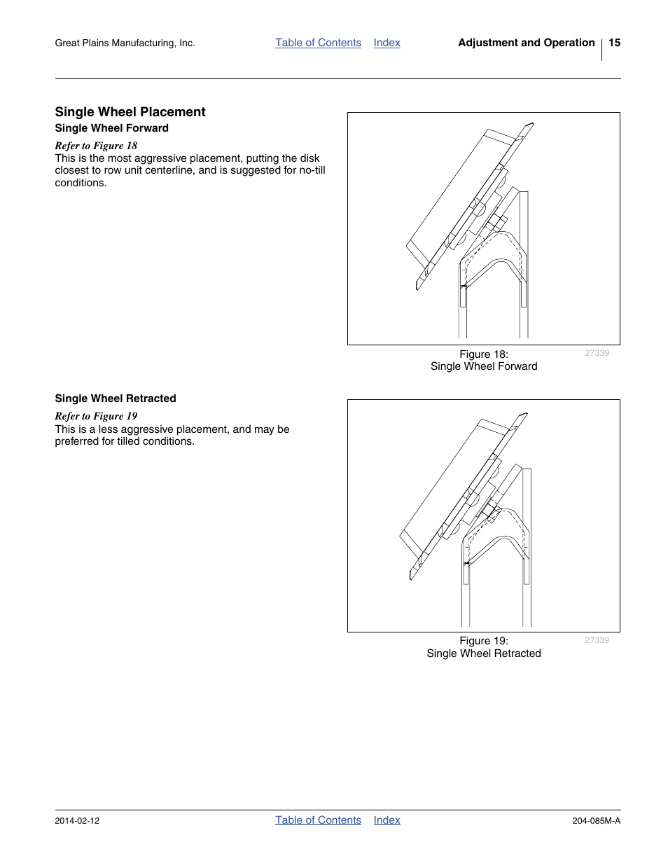 Single wheel placement, Single wheel forward, Single wheel retracted | Single wheel forward single wheel retracted | Great Plains 207-216K Operator Manual User Manual | Page 19 / 46
