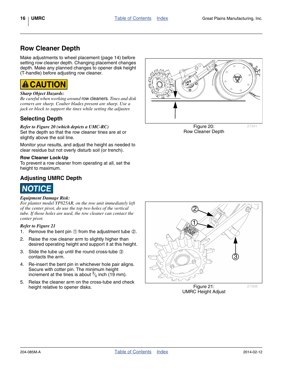 Row cleaner depth, Selecting depth, Row cleaner lock-up | Adjusting umrc depth | Great Plains 207-216K Operator Manual User Manual | Page 20 / 46
