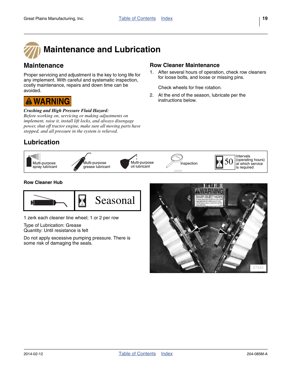 Maintenance and lubrication, Maintenance, Row cleaner maintenance | Lubrication, Row cleaner hub, Maintenance and lubrication maintenance, Seasonal | Great Plains 207-216K Operator Manual User Manual | Page 23 / 46