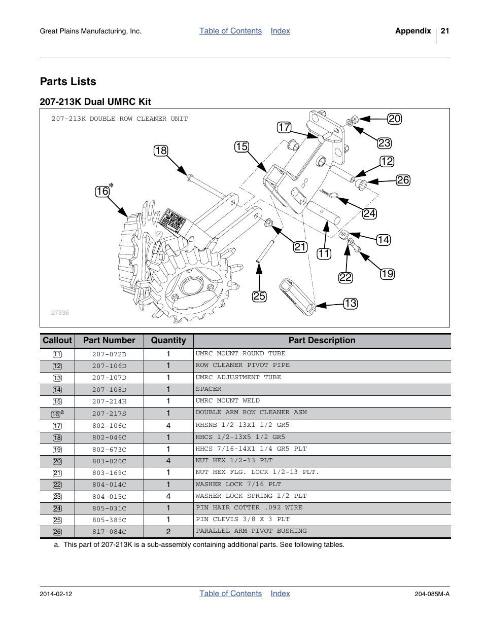 Parts lists, 213k dual umrc kit, 169c nut hex flg. lock 1/2-13 plt | 106c rhsnb 1/2-13x1 1/2 gr5, 015c washer lock spring 1/2 plt, 020c nut hex 1/2-13 plt, 072d umrc mount round tube, 107d umrc adjustment tube, 108d spacer, 214h umrc mount weld | Great Plains 207-216K Operator Manual User Manual | Page 25 / 46
