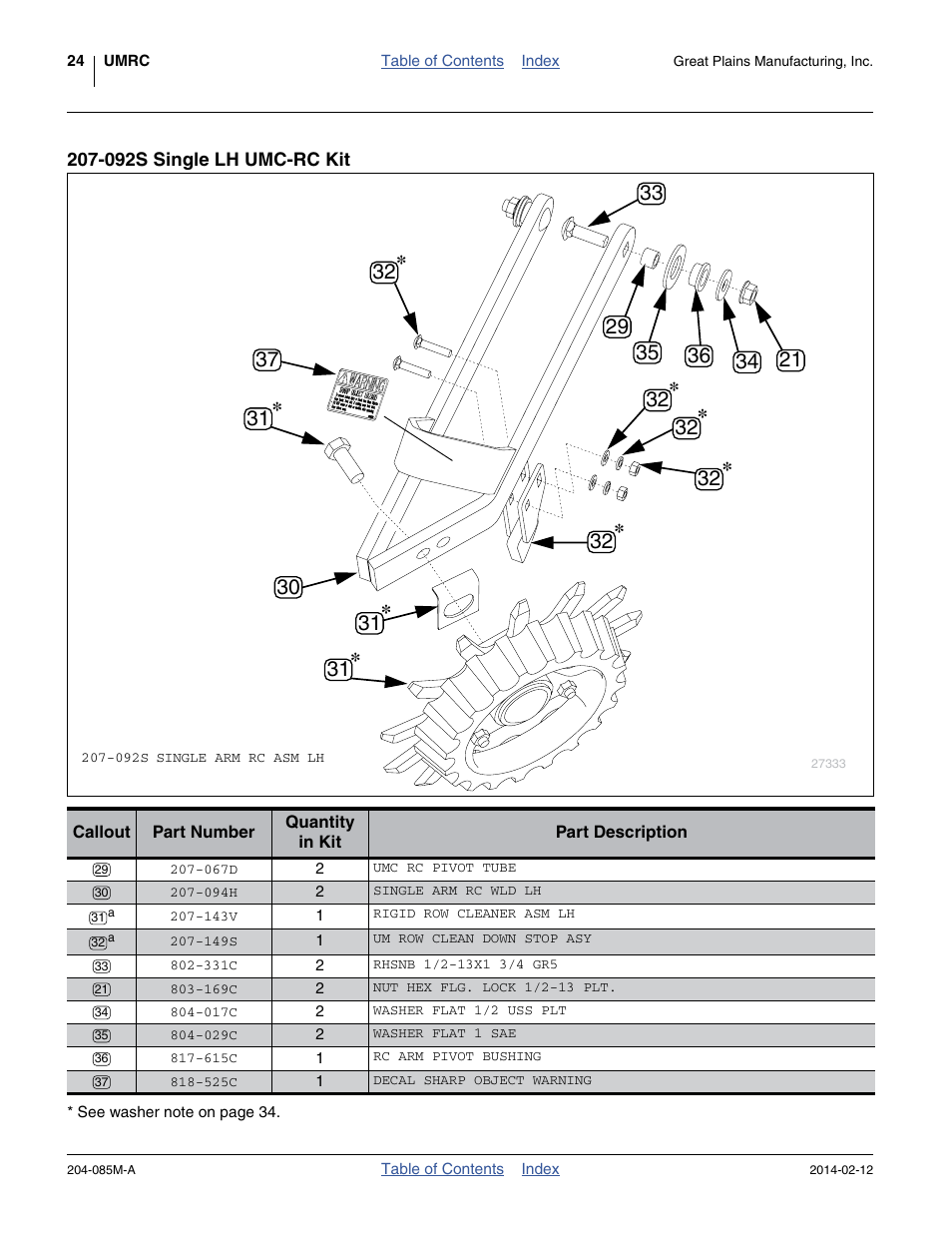 092s single lh umc-rc kit, 143v rigid row cleaner asm lh, 067d umc rc pivot tube | 331c rhsnb 1/2-13x1 3/4 gr5, 615c rc arm pivot bushing, 094h single arm rc wld lh, 525c decal sharp object warning, 017c washer flat 1/2 uss plt | Great Plains 207-216K Operator Manual User Manual | Page 28 / 46