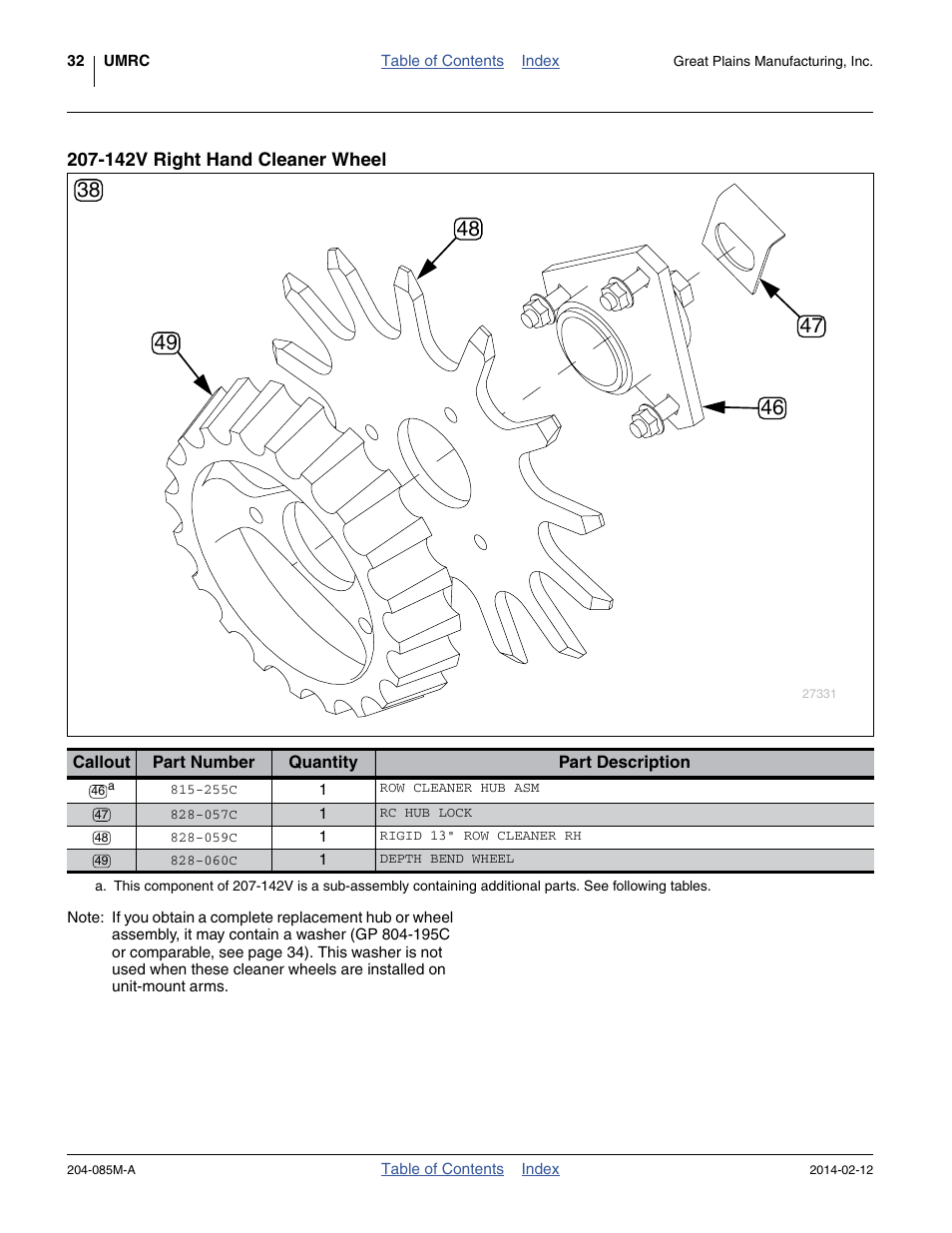 142v right hand cleaner wheel, 057c rc hub lock | Great Plains 207-216K Operator Manual User Manual | Page 36 / 46