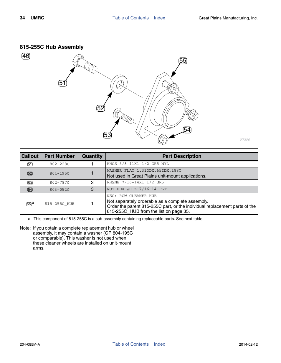 255c hub assembly, 228c hhcs 5/8-11x1 1/2 gr5 nyl, 195c washer flat 1.31odx.65idx.188t | 195c | Great Plains 207-216K Operator Manual User Manual | Page 38 / 46