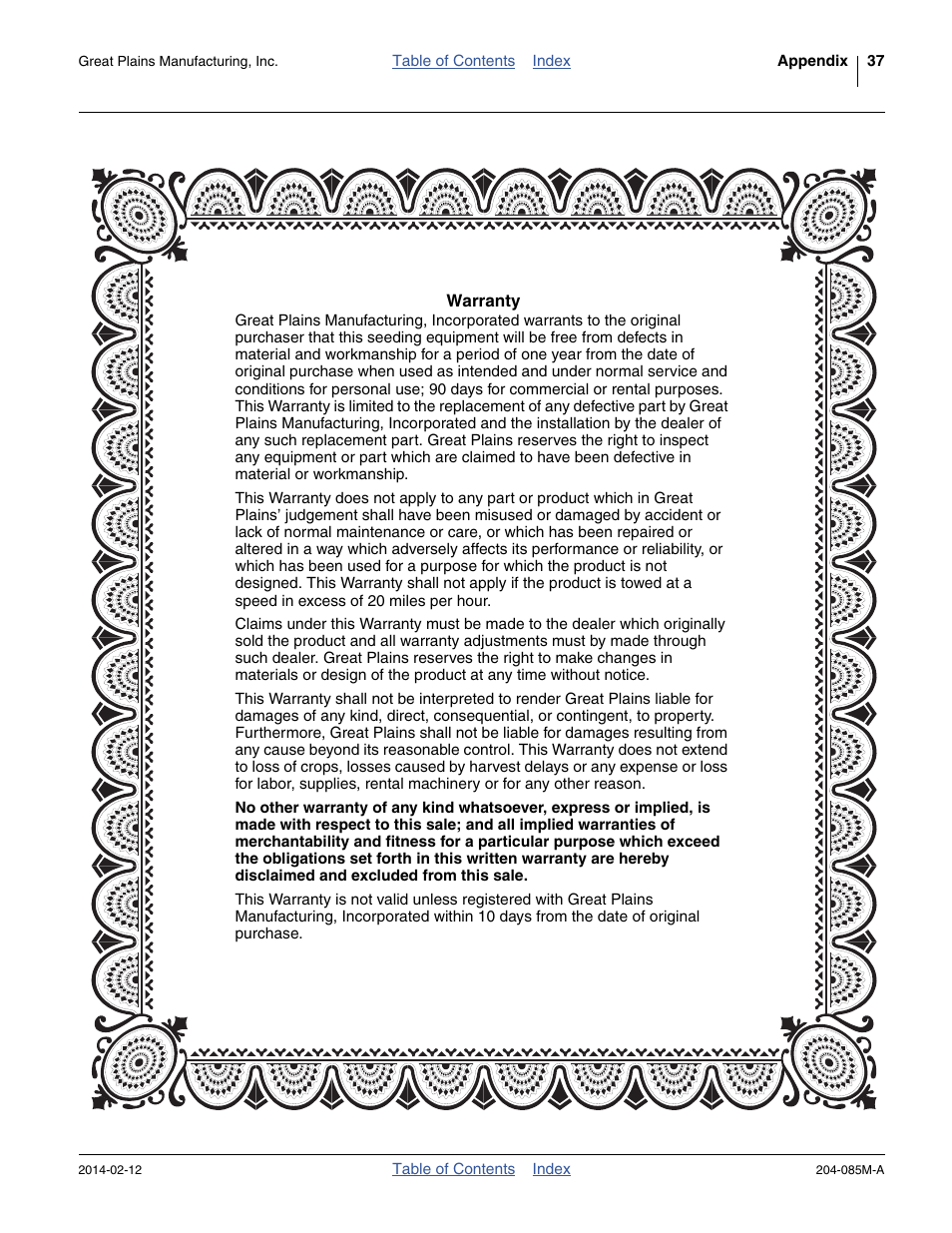 Warranty | Great Plains 207-216K Operator Manual User Manual | Page 41 / 46