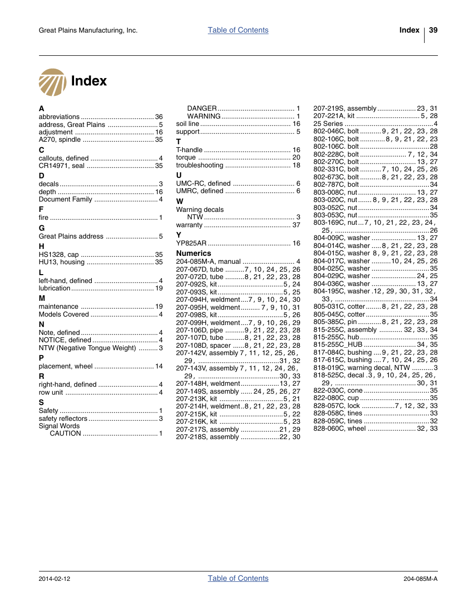 Index | Great Plains 207-216K Operator Manual User Manual | Page 43 / 46