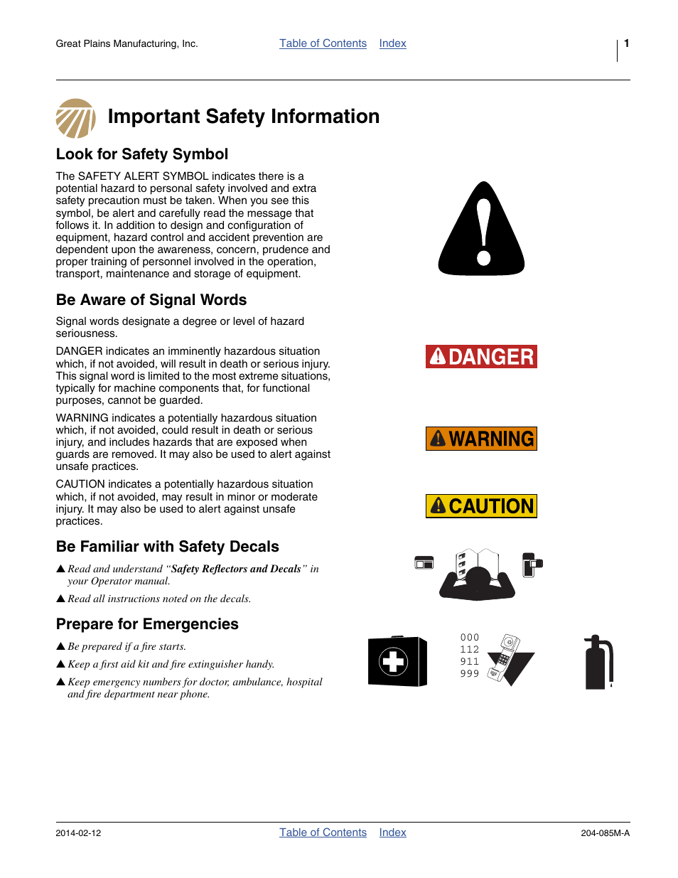 Important safety information, Look for safety symbol, Be aware of signal words | Be familiar with safety decals, Prepare for emergencies | Great Plains 207-216K Operator Manual User Manual | Page 5 / 46