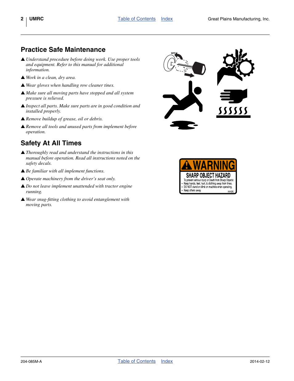 Practice safe maintenance, Safety at all times | Great Plains 207-216K Operator Manual User Manual | Page 6 / 46