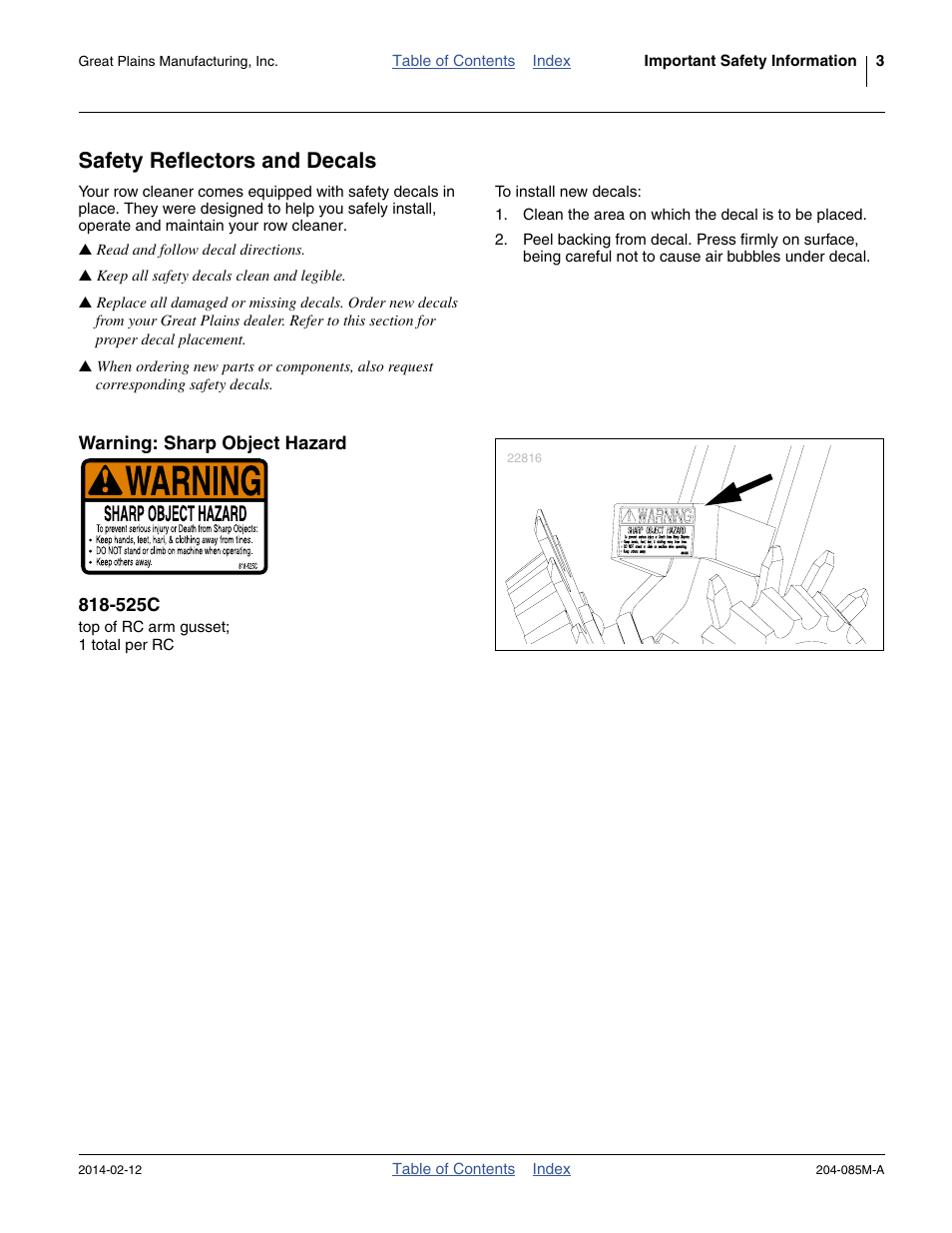 Safety reflectors and decals, Warning: sharp object hazard 818-525c | Great Plains 207-216K Operator Manual User Manual | Page 7 / 46
