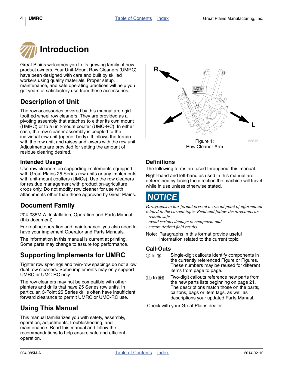 Introduction, Description of unit, Intended usage | Document family, Supporting implements for umrc, Using this manual, Definitions, Call-outs, Introduction description of unit, Definitions call-outs | Great Plains 207-216K Operator Manual User Manual | Page 8 / 46