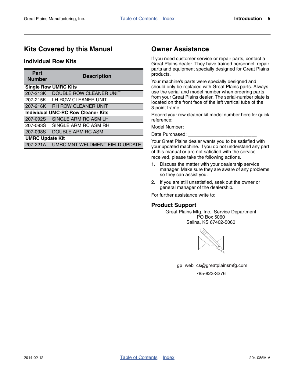 Kits covered by this manual, Individual row kits, Single row umrc kits | Individual umc-rc row cleaner kits, Umrc update kit, Owner assistance, Product support | Great Plains 207-216K Operator Manual User Manual | Page 9 / 46