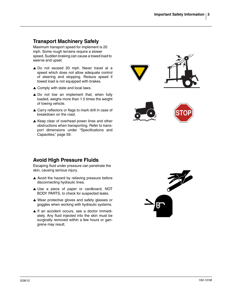 Transport machinery safely, Avoid high pressure fluids | Great Plains 1205NT Operator Manual User Manual | Page 5 / 74