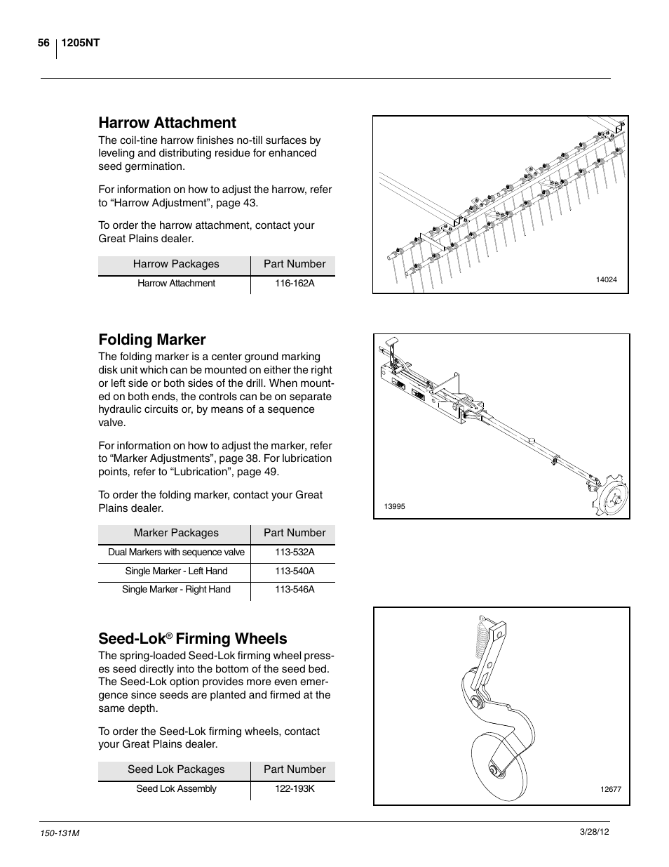 Harrow attachment, Folding marker, Seed-lok | Firming wheels | Great Plains 1205NT Operator Manual User Manual | Page 58 / 74