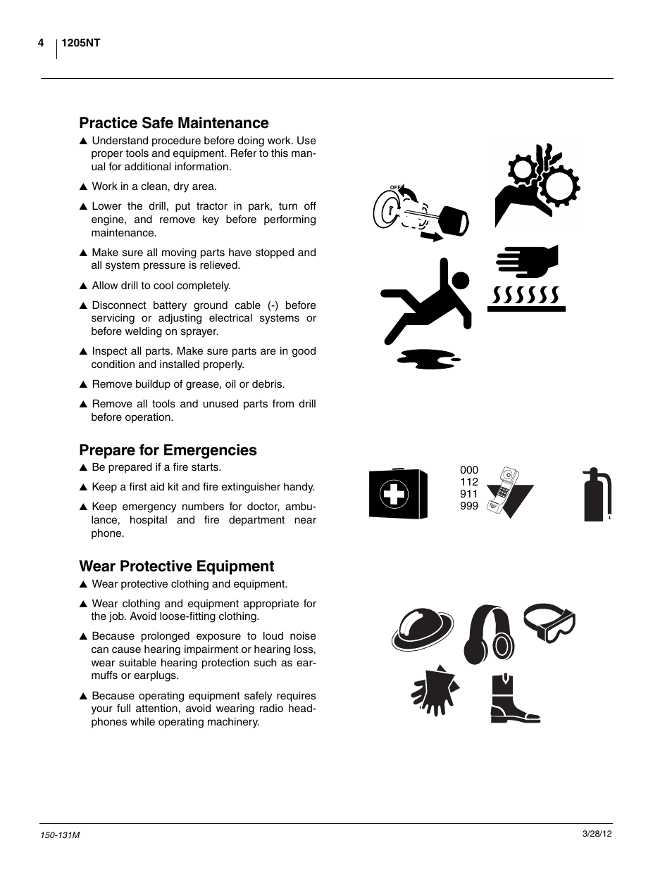 Practice safe maintenance, Prepare for emergencies, Wear protective equipment | Great Plains 1205NT Operator Manual User Manual | Page 6 / 74