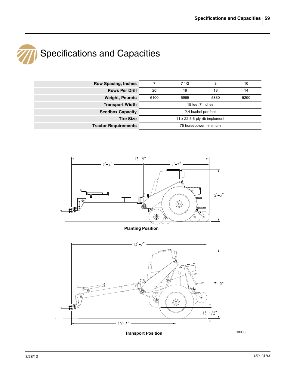 Specifications and capacities | Great Plains 1205NT Operator Manual User Manual | Page 61 / 74