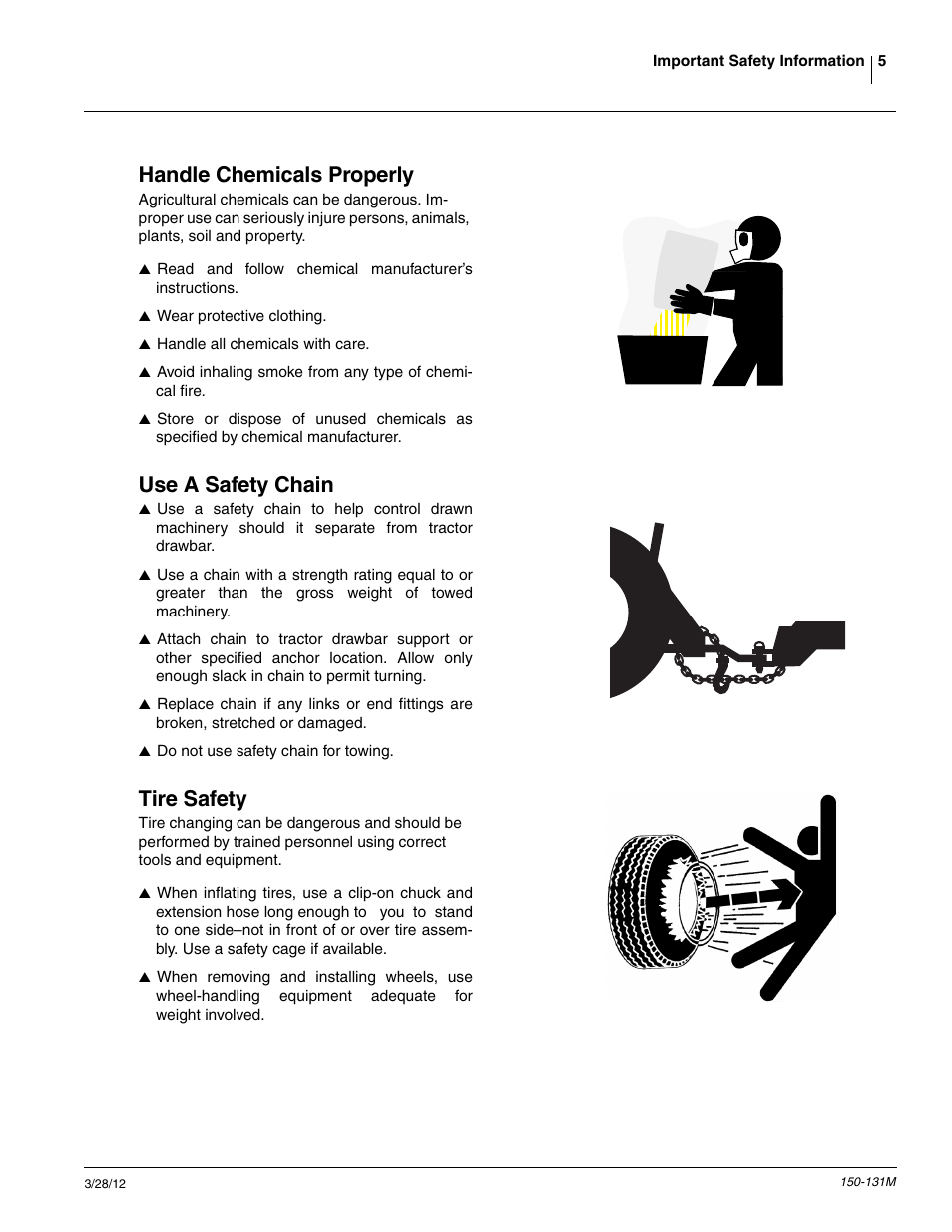 Handle chemicals properly, Use a safety chain, Tire safety | Great Plains 1205NT Operator Manual User Manual | Page 7 / 74