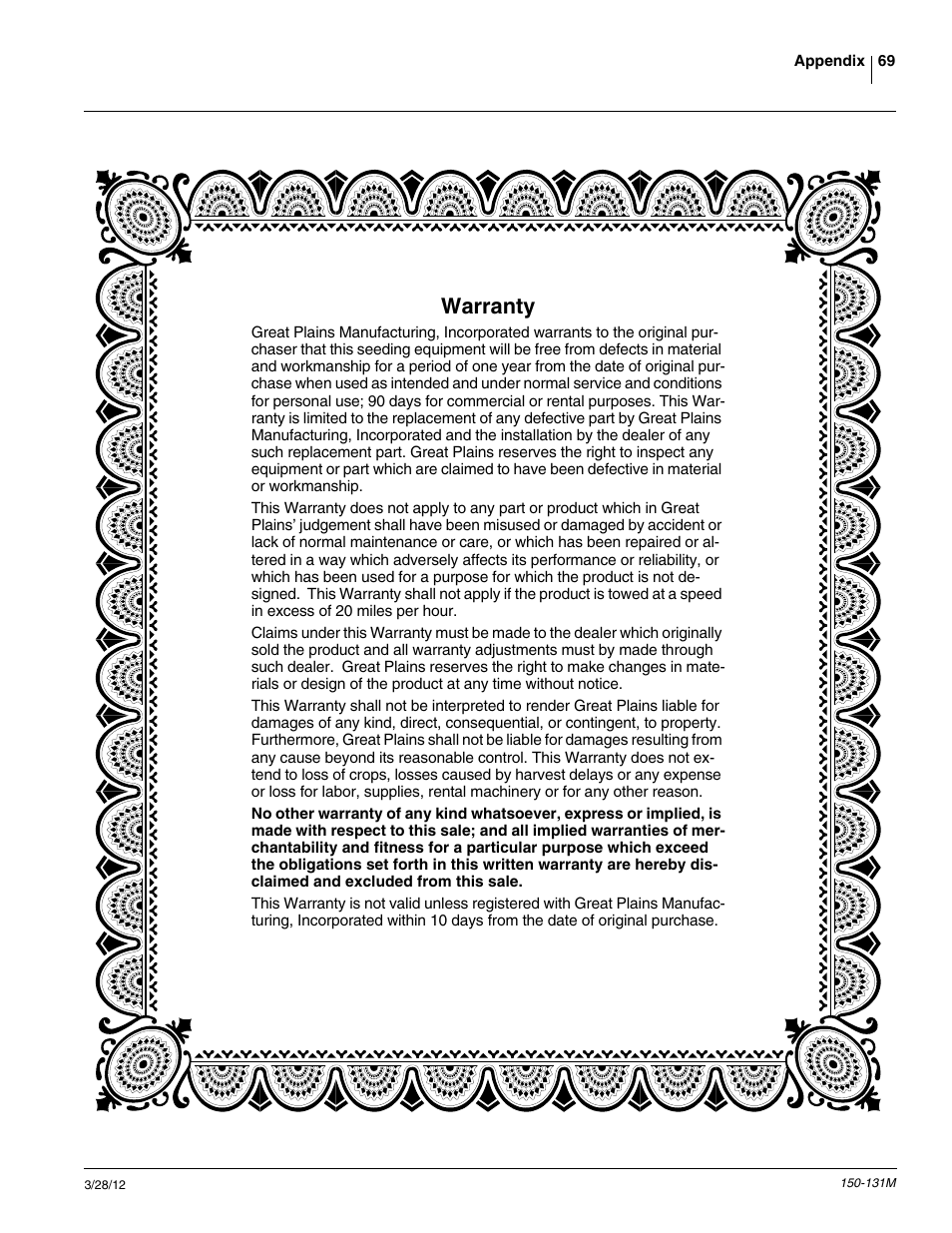 Warranty | Great Plains 1205NT Operator Manual User Manual | Page 71 / 74