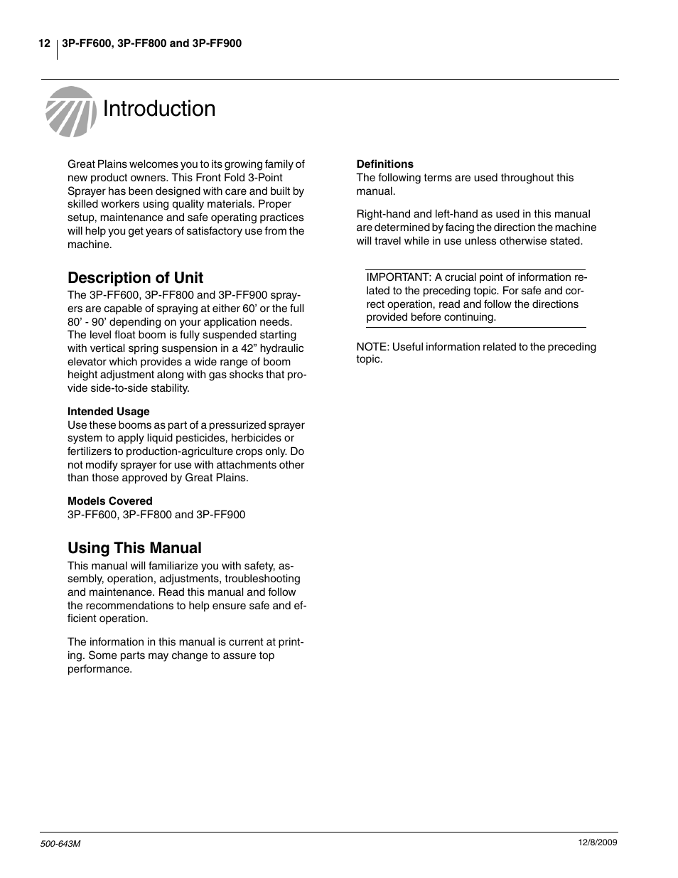 Introduction, Description of unit, Using this manual | Great Plains 3P-FF900 Operator Manual User Manual | Page 14 / 47
