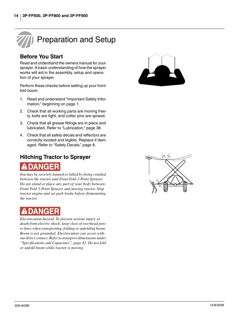 Preparation and setup, Before you start, Hitching tractor to sprayer | Great Plains 3P-FF900 Operator Manual User Manual | Page 16 / 47