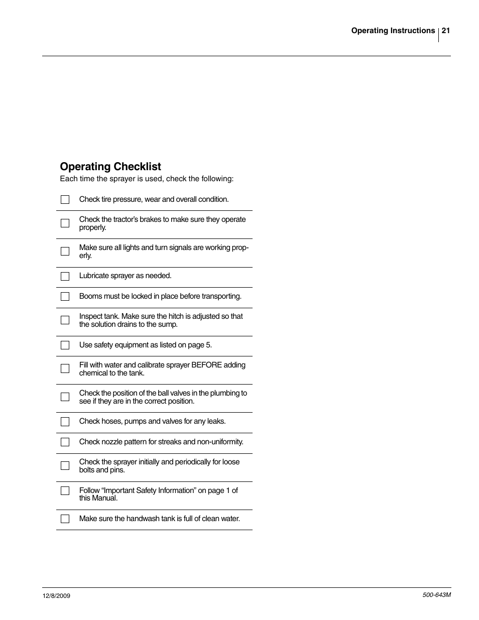Operating checklist | Great Plains 3P-FF900 Operator Manual User Manual | Page 23 / 47