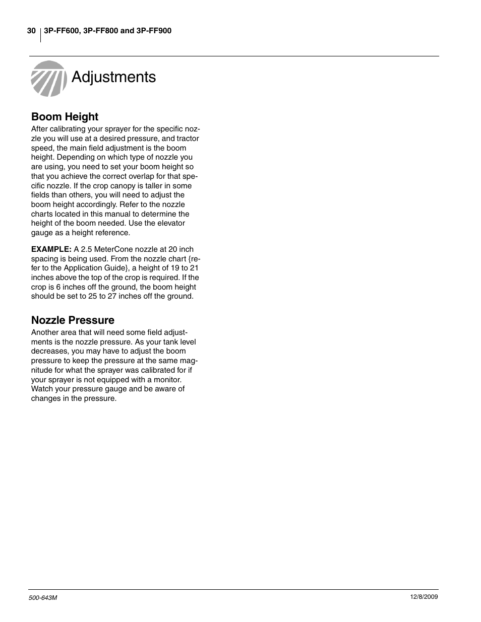 Adjustments, Boom height, Nozzle pressure | Great Plains 3P-FF900 Operator Manual User Manual | Page 32 / 47