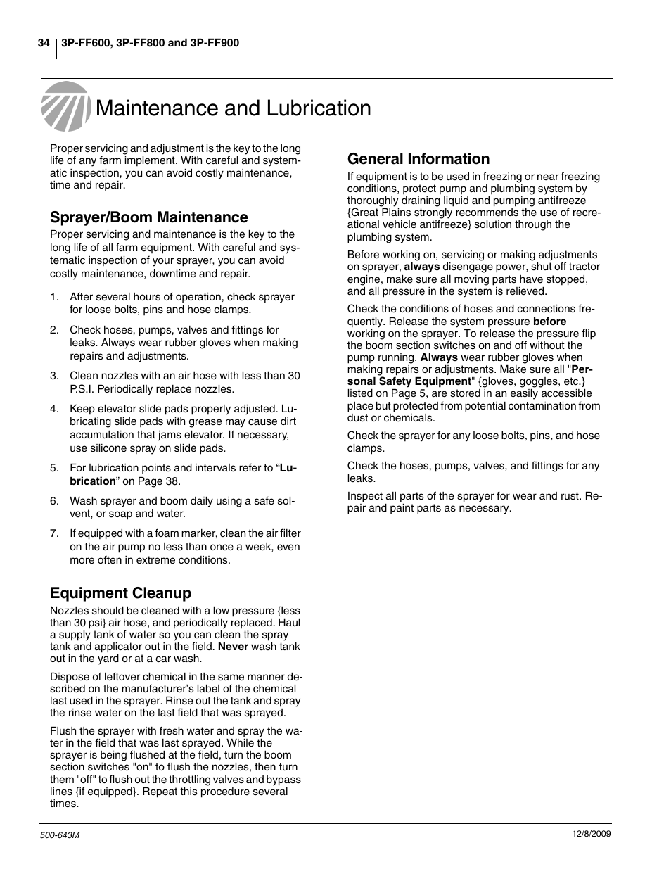 Maintenance and lubrication, Sprayer/boom maintenance, Equipment cleanup | General information | Great Plains 3P-FF900 Operator Manual User Manual | Page 36 / 47