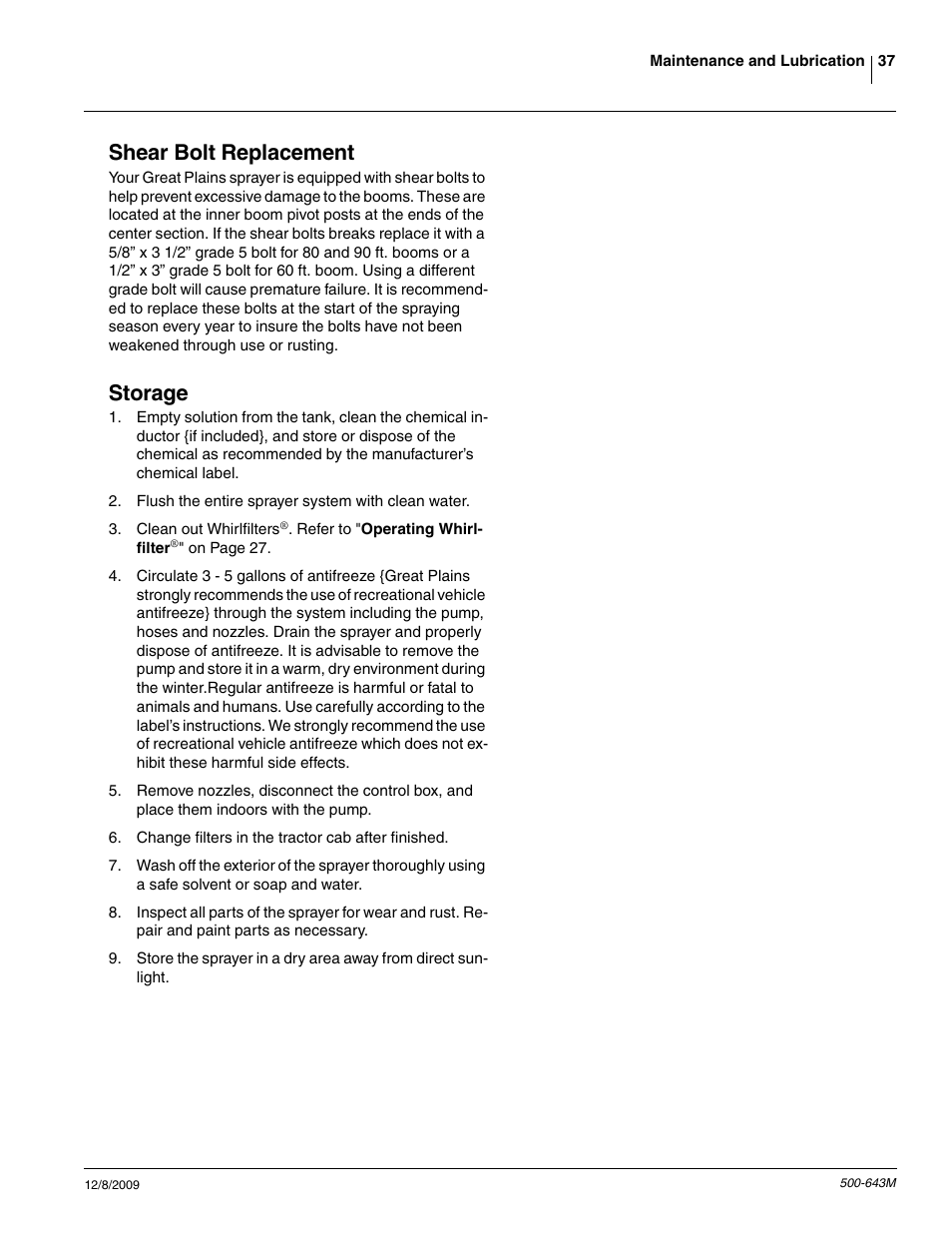 Shear bolt replacement, Storage | Great Plains 3P-FF900 Operator Manual User Manual | Page 39 / 47