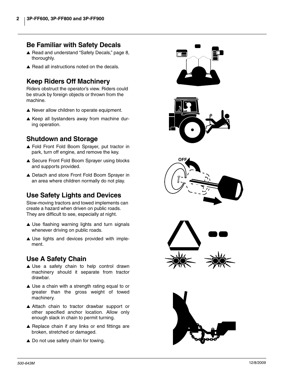 Be familiar with safety decals, Keep riders off machinery, Shutdown and storage | Use safety lights and devices, Use a safety chain | Great Plains 3P-FF900 Operator Manual User Manual | Page 4 / 47