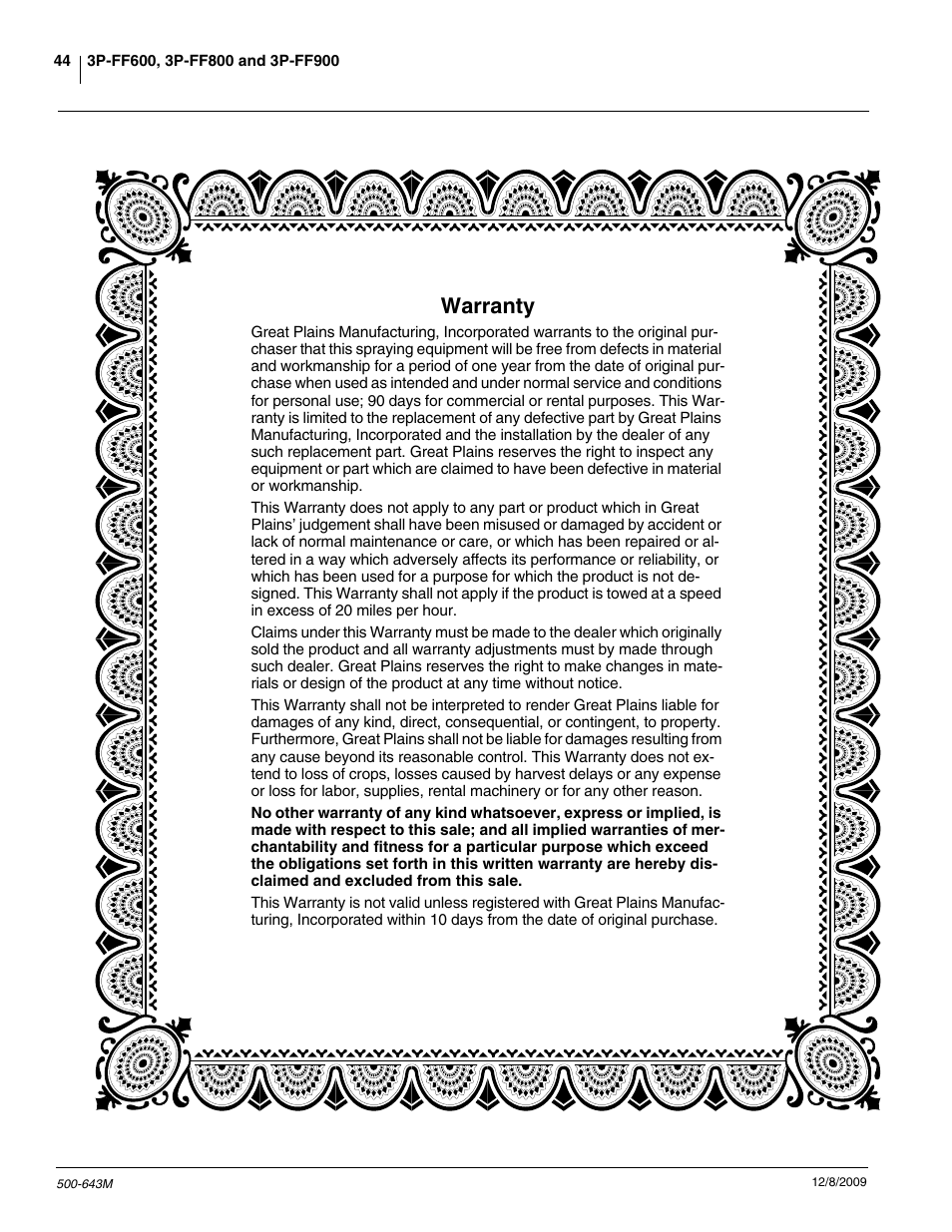 Warranty | Great Plains 3P-FF900 Operator Manual User Manual | Page 46 / 47