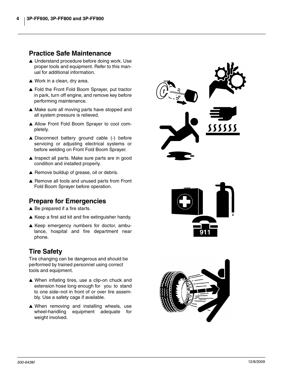 Practice safe maintenance, Prepare for emergencies, Tire safety | Great Plains 3P-FF900 Operator Manual User Manual | Page 6 / 47