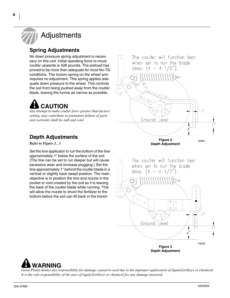 Adjustments, Caution, Warning | Great Plains Vantage I & Zone Coulter Fertilizer Coulters User Manual | Page 10 / 36