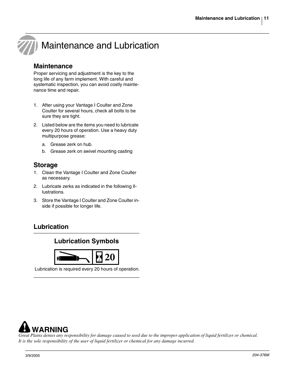 Maintenance and lubrication, Warning | Great Plains Vantage I & Zone Coulter Fertilizer Coulters User Manual | Page 13 / 36