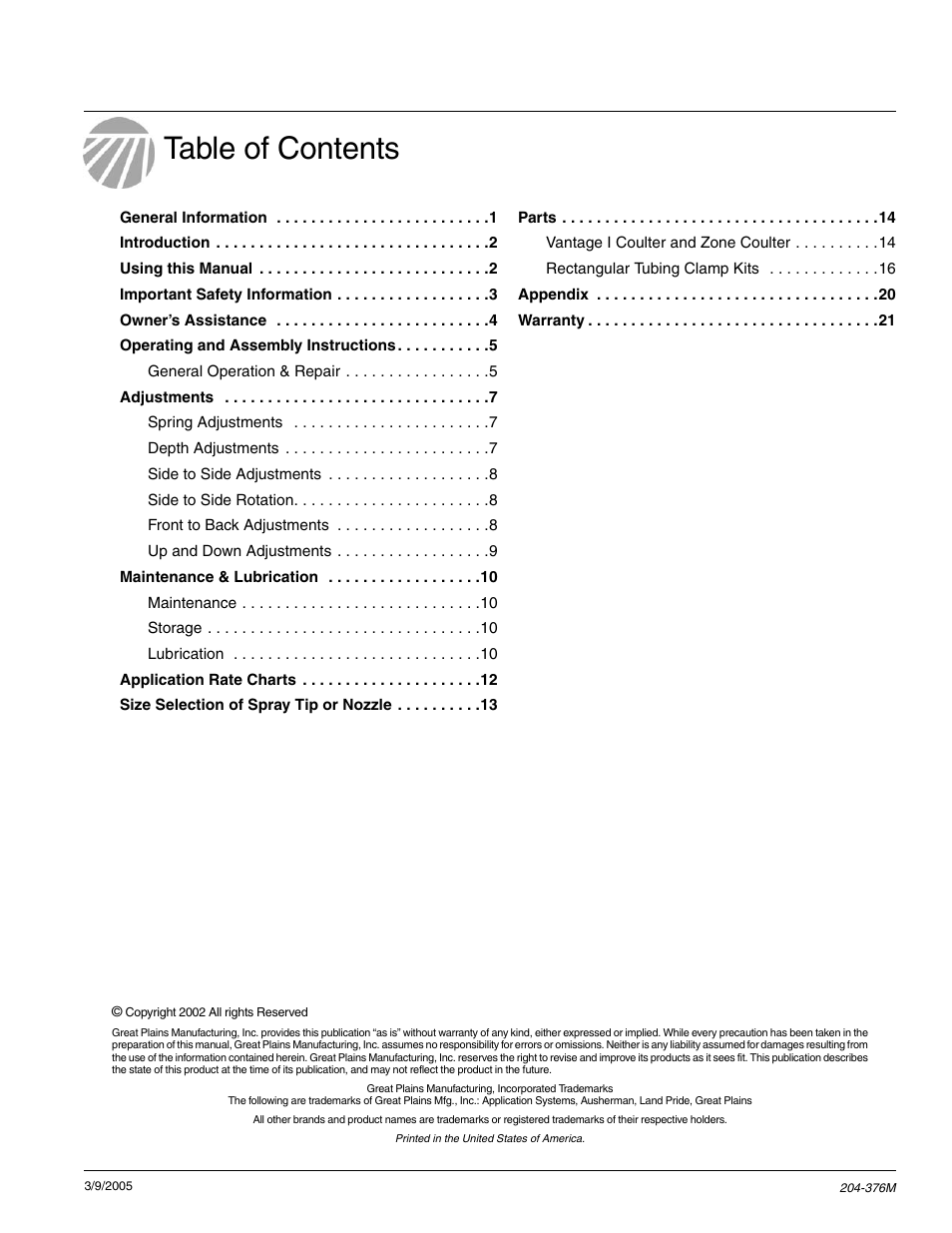 Great Plains Vantage I & Zone Coulter Fertilizer Coulters User Manual | Page 2 / 36