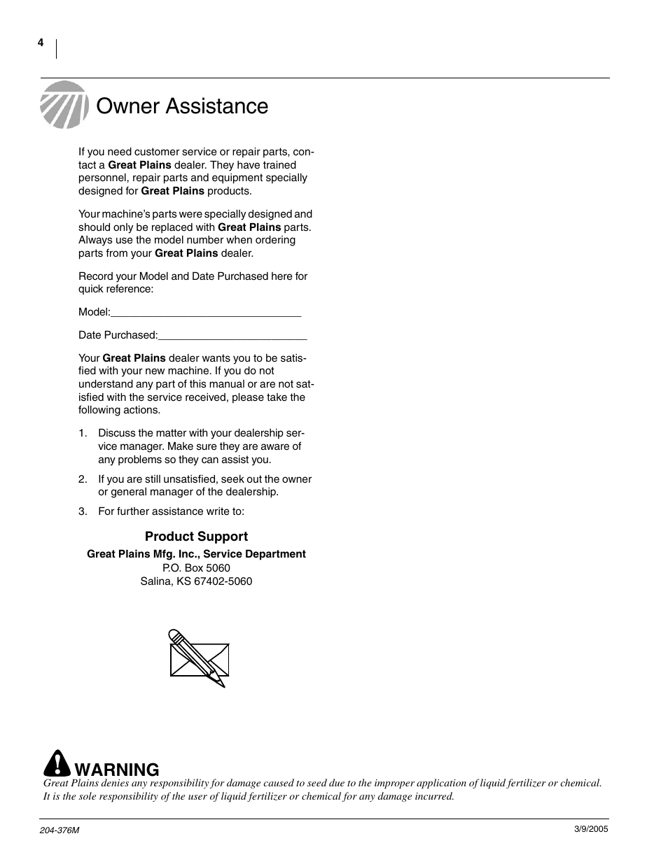 Owner assistance, Warning | Great Plains Vantage I & Zone Coulter Fertilizer Coulters User Manual | Page 6 / 36