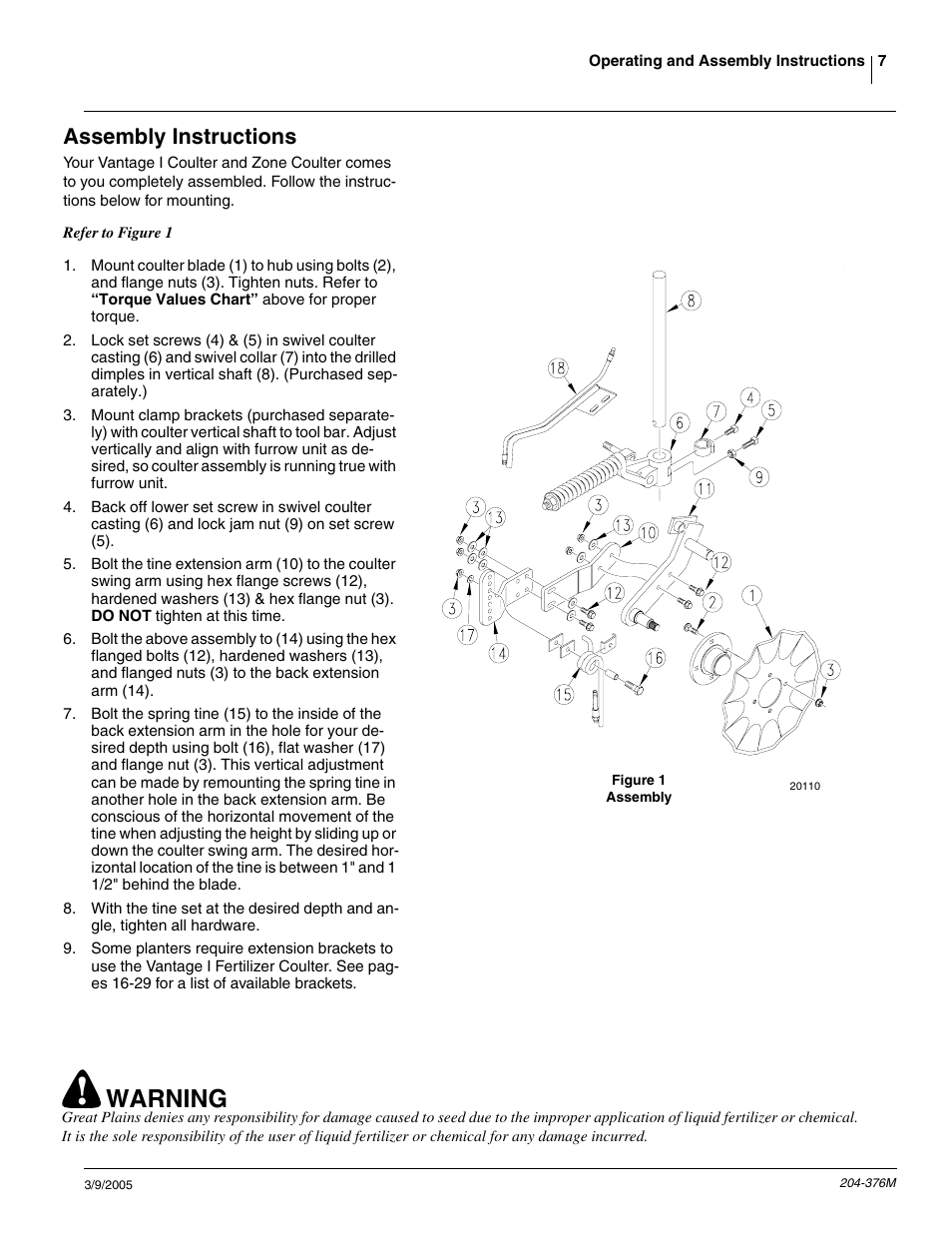 Warning, Assembly instructions | Great Plains Vantage I & Zone Coulter Fertilizer Coulters User Manual | Page 9 / 36